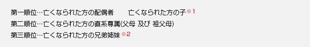 第一順位・・・亡くなられた方の配偶者※1亡くなられた方の子※2　第二順位・・・亡くなられた方の直系尊属（父母 及び 祖父母）第三順位・・・亡くなられた方の兄弟姉妹※3